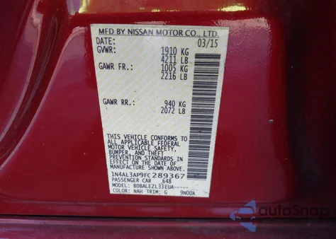 2015 Nissan Altima 2.5/2.5 S/2.5 Sl/2.5 Sv из США, поврежденный, VIN 1N4AL3AP9FC289367